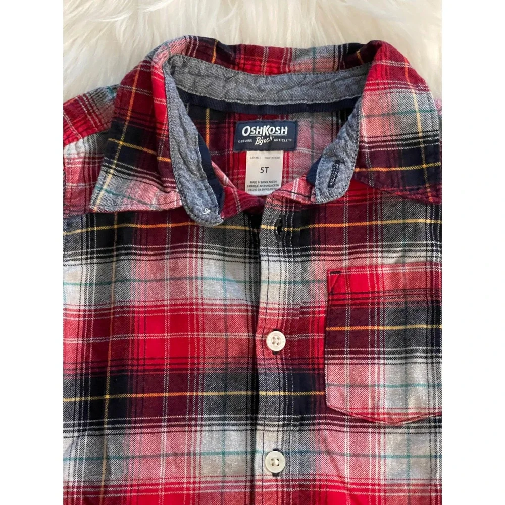 OshKosh B'gosh Red Blue Plaid Flannel Button-Front Long Sleeve Shirt Size 5T
